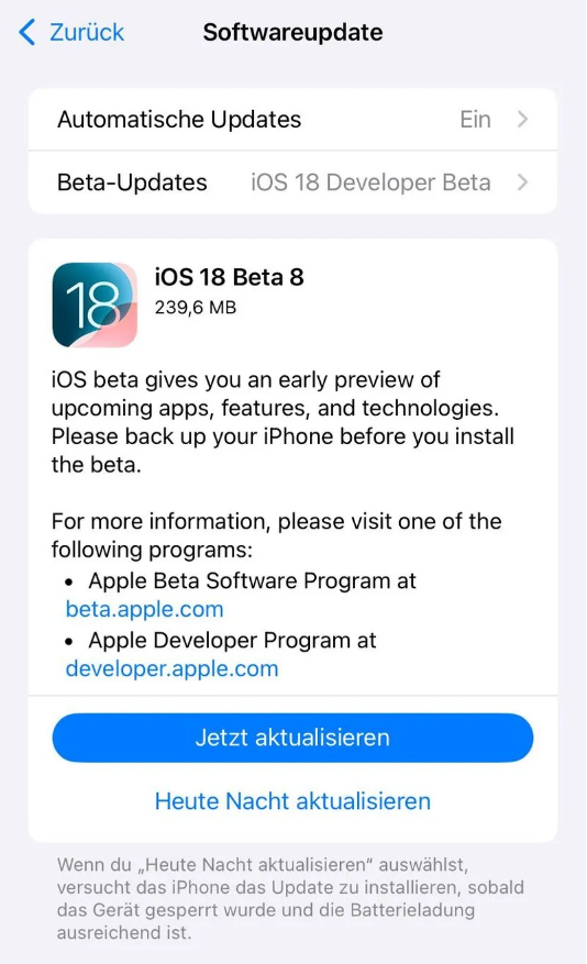 献县苹果手机维修分享苹果 iOS / iPadOS 18 开发者预览版 Beta 8 发布 